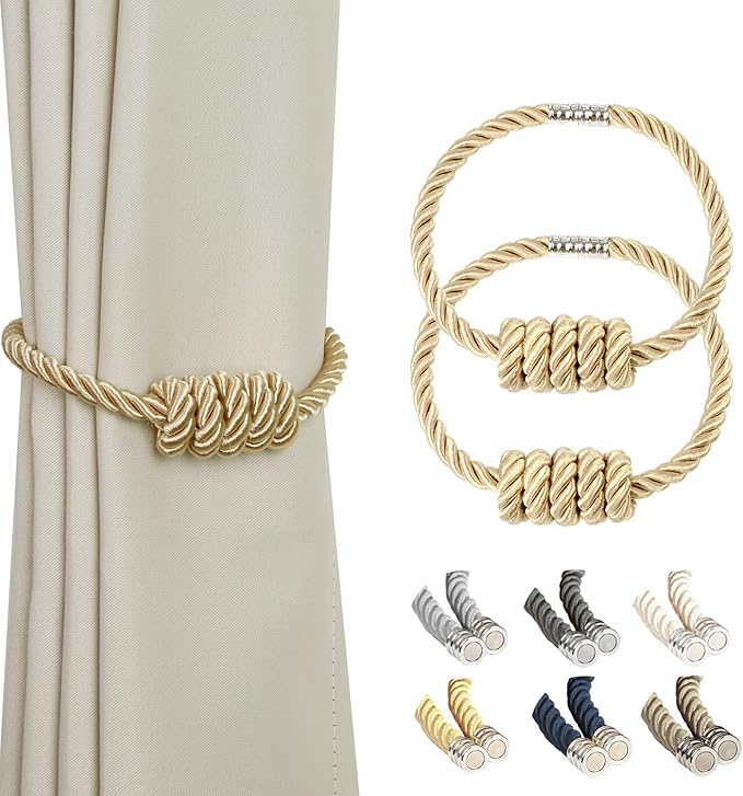 BEL AVENIR Magnetic Curtain Tiebacks, Decorative Drapery Holdbacks Modern Woven Tie-Backs with Exquisite Knot (Gold, 2 Pack)