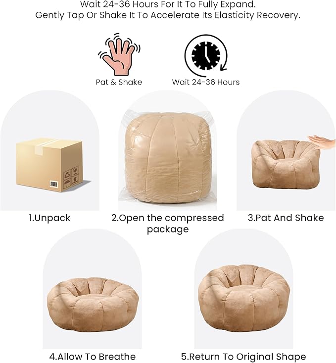 Bean Bag Chair with Filler Included, Faux Fur Comfy Chair with Petal Arm Rest Fluffy Reading Chair for Bedroom, Living Room, Dorm, Game - Taupe, Large, Low Support