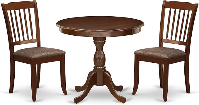 East West Furniture AMDA3-MAH-C 3 Piece Kitchen Table & Chairs Set Contains a Round Dining Room Table with Pedestal and 2 Linen Fabric Upholstered Chairs, 36x36 Inch, Mahogany