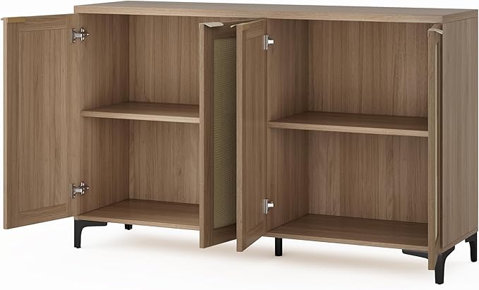 Sideboard Buffet Cabinet with Storage, 4 Doors Rattan Kitchen Cabinet with Adjustable Shelf, Accent Sideboard Entryway Console Table for Living Room, Natural