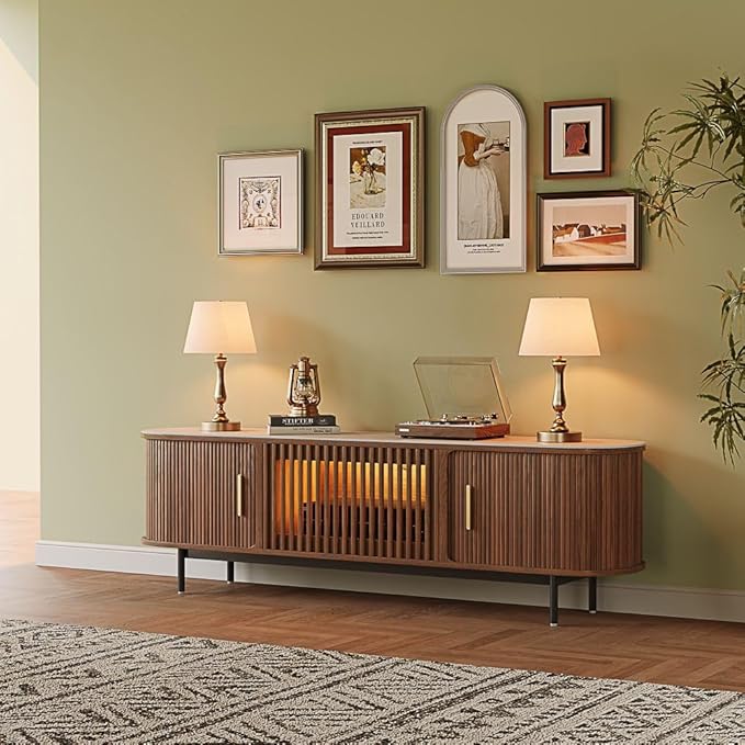 POVISON Fully-Assembled Mid Century Modern Black TV Stand with White Matte Travertine Stone Tabletop & LED Lights, Rolling Door Media Console, Wood TV Console for Living Room
