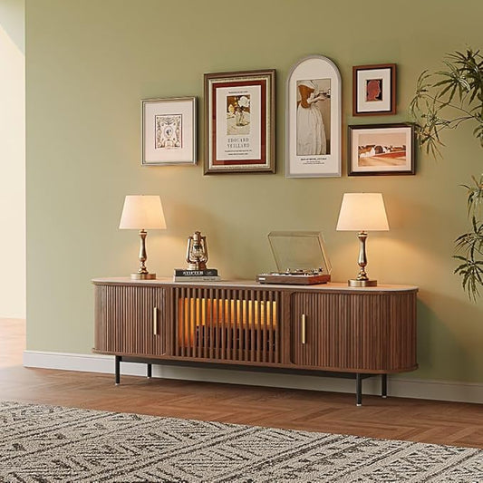POVISON Fully-Assembled Mid Century Modern Black TV Stand with White Matte Travertine Stone Tabletop & LED Lights, Rolling Door Media Console, Wood TV Console for Living Room