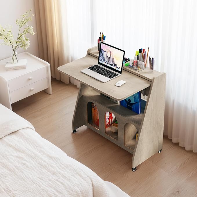 Pmnianhua Portable Mobile Desk on Wheels,Mobile Workstation,Rolling Computer Desk with Wheels and Storage for Home Office Small Space (Grey)