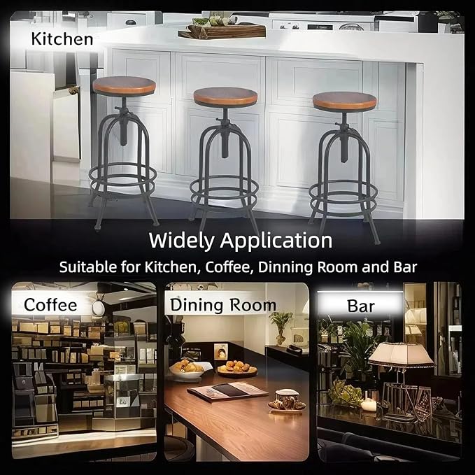 Set of 2-Industrial Bar Stool-Retro 26-32.3inch Swivel Stools-Extra Tall Kitchen Chair-Bar Counter Height Adjustable-Fully Welded (Black 2PCS)