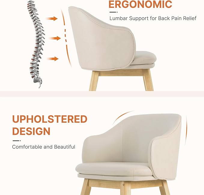Wooden Dining Chairs Set of 2, Faux Leather Upholstered Modern Dining Room Chairs with Barrel Backrest & Double-Layer Thick Cushion for Living Room, Restaurant, Kitchen and Café, Beige