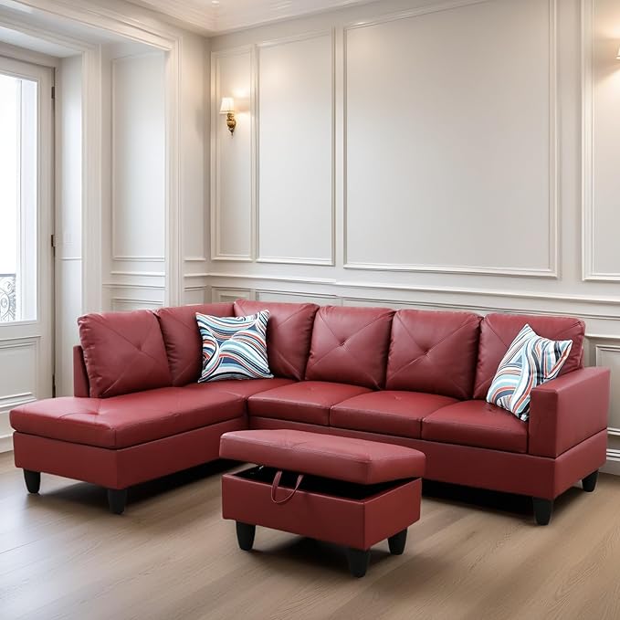 Leather Sectional Couch, Modern L Shaped Couches for Living Room, Comfy 4 Seat Modular Sectional Sofa with Ottoman Storage for Bedroom Apartment, Red