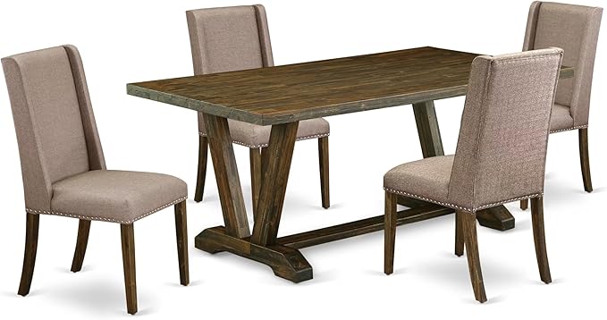 East West Furniture V777FL716-5 5 Piece Dining Table Set for 4 Includes a Rectangle Kitchen Table with V-Legs and 4 Dark Khaki Linen Fabric Upholstered Chairs, 40x72 Inch, Multi-Color