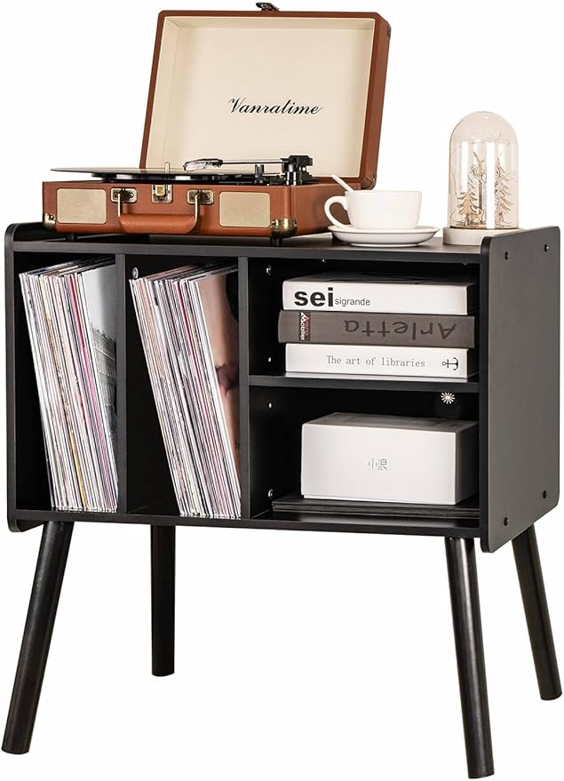 Record Player Table, Mid-Century Record Player Stand with Vinyl Storage Hold Up to 150+ Albums, Vinyl Record Cabinet with Adjustable Shelves, Wood Turntable Stand for Music Living Room (Black)