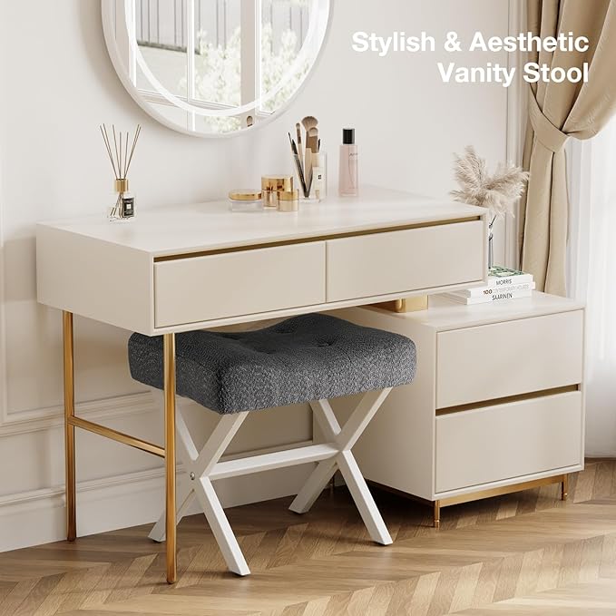 18-Inch Large Vanity Stool Chair, Vanity Bench with Metal X-Legs, Ottoman Foot Stool with Breathable and Soft Boucle Fabric Saddle Seat, Grey