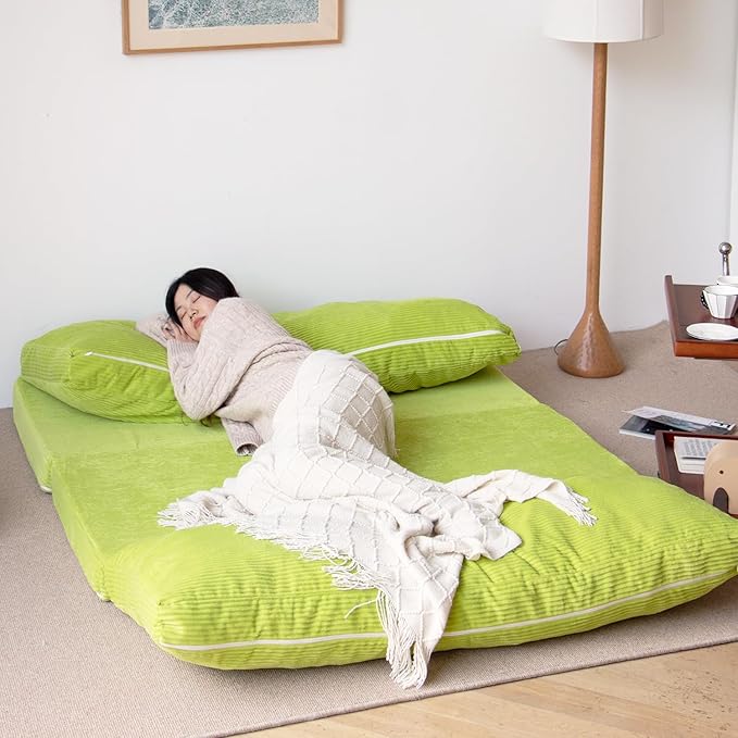N&V L92×W58 Inch Large Folding Matress Sofa Bean Bag, Foam Filling Folding Matress Sofa, Includes Removable and Machine Washable Cover Patent No.: US D1,018,079 S (Lime, Large Corduoy), 94024