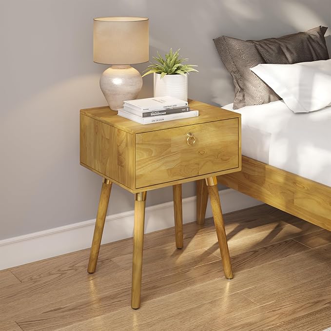 Bme Alden Wood Nightstand, Solid Wood End Table, Mid Century Modern Nightstand, Side Table with 1 Drawer, Compact for Bedroom, Living Room & Study Room, Easy Assembly, Light Natural