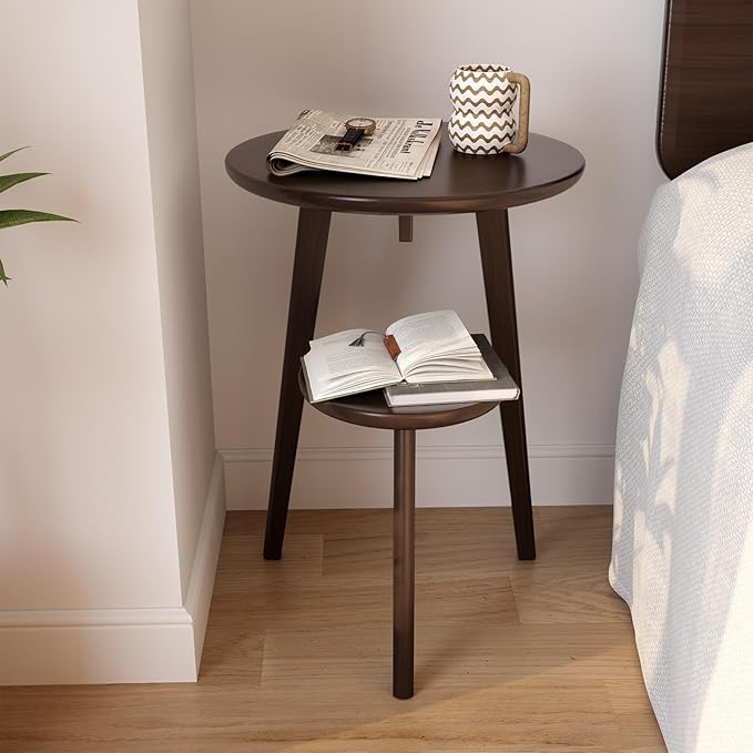 Small End Table Round End Table,Solid Wood Round Side Table with Lower Shelf，Nightstand for Small Spaces,Living Room,Bedroom(Deep Walnut)