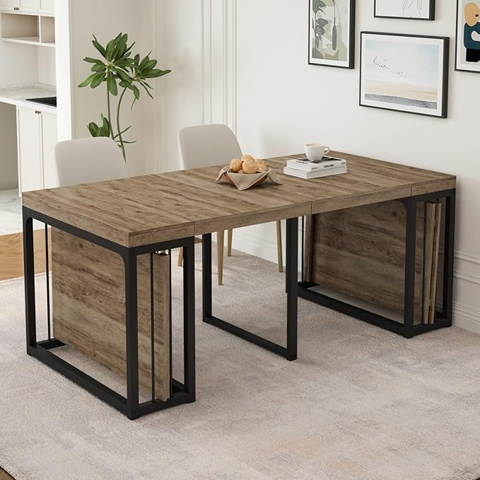 KEIKI 23.62" - 118" L Extendable Foldable Dining Room Table for 2-10 People, Wood Modern Rustic Rectangle Expandable Kitchen Living Meeting Room Furniture, 5 Tabletop Length Options