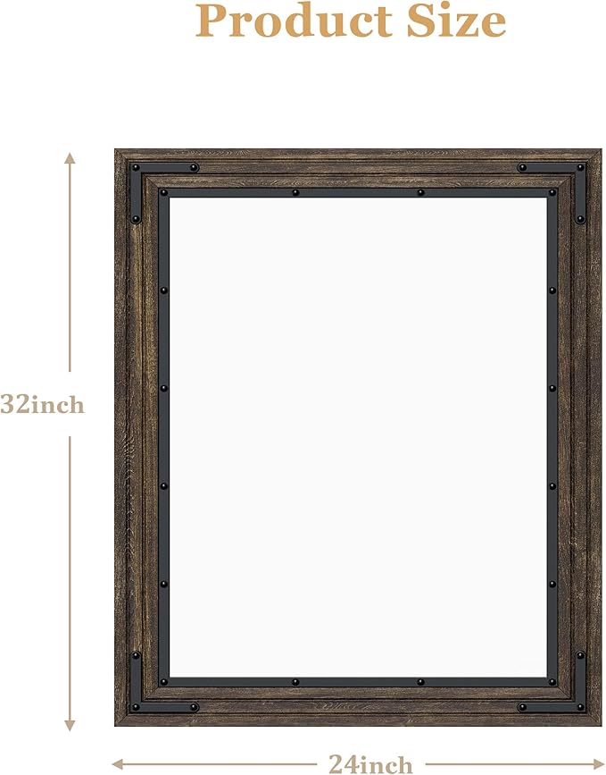 YOSHOOT Farmhouse Bathroom Mirror, Rustic Wood Mirror, Wooden Framed Vanity Mirror, Solid Wood & Handmade, Vertical or Horizontal Hanging for Bathroom Entryway Living Room Bedroom, 32" x 24", Brown