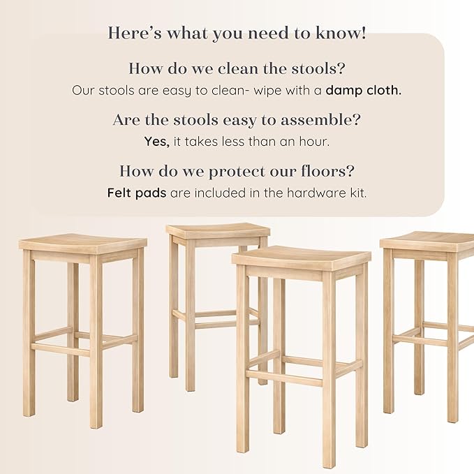 Grain & Grove Smith Collection Set of 4 Solid Wood Bar Stools, 30 inch Saddle-Seat Bar Chairs, Backless, Heavy-Duty Construction, Footrest Support, for Kitchen Islands, Home Bars, and Counters, Blonde