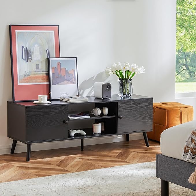 Sweetcrispy TV Stand for 55 60 inch TV, Modern Mid Century Entertainment Center with Storage, Media Console Table 2 Cabinet, Soft Hinge, Handle Door, Wooden Living Room, Office Furniture, Black