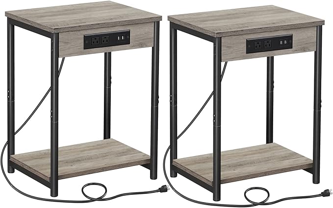 TUTOTAK Small Night Stand with Charging Station, End Table Set of 2, Side Table with USB, 21.8”H Nightstand with Storage Shelf, Sofa Couch Table TB01BG029 (2 pcs)