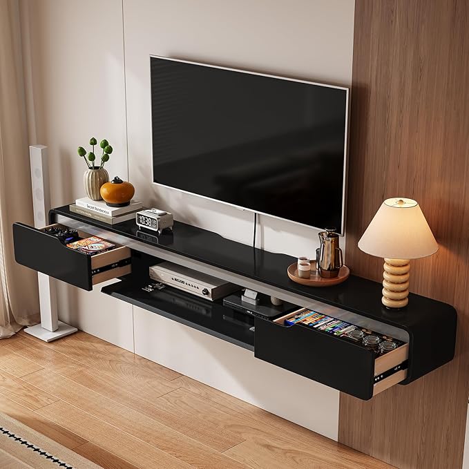 Fully-Assembled Floating TV Stand with Drawers, 55IN High Gloss Wall Mounted Entertainment Center, Modern Media Console with Storage, Under TV Shelf for Bedroom Living Room Black