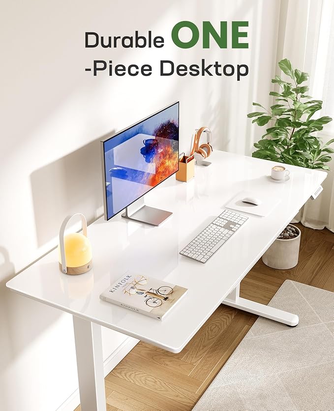 Marsail Glass Electric Standing Desk with Drawer, 48 x 24 Inches Height-Adjustable Desk, One-Piece Tempered Glass Top, Ergonomic Home Office Sit Stand Desk with 4 Preset Heights, White