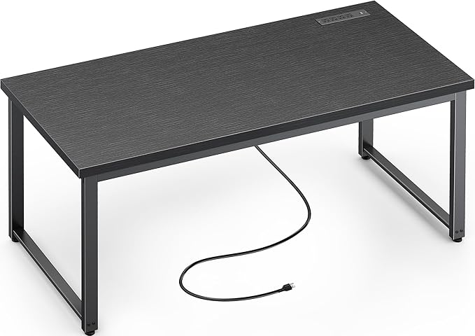 Huuger 55 x 24 inch Desk with Power Outlets & USB-C, Deeper & Thicker Desktop, Robust Metal Tubes, Computer Desk, Heavy Duty Office Desk, Work Gaming Desk for Home Office, Black