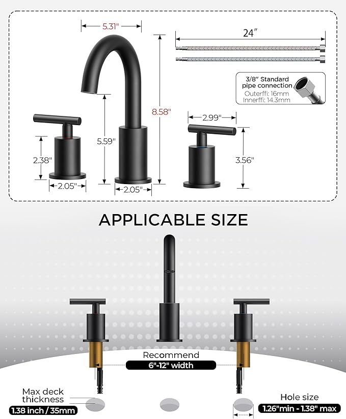 FORIOUS Bathroom Faucets 3 Hole, Matte Black Bathroom Sink Faucet 3 Hole Vanity with 360° Swivel Spout, Suitable for 8 Inch Widespread Sink with Metal Pop-up Drain and cUPC Supply Line, Commercial