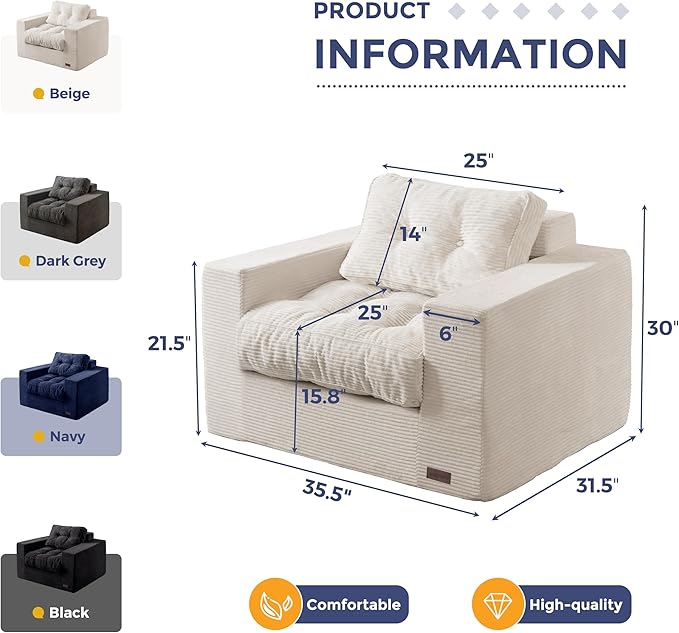 MAXYOYO Living Room Chair for Adults, Upholstered Floor Sofa with Armrests, Boneless Chair with Tufted Cushion & Backrest, Sofa in A Box, Bean Bag Couch for Bedroom Living Room, Dorm, Beige