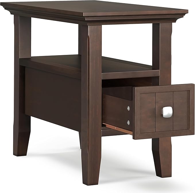 SIMPLIHOME Acadian 19-inch Wide Solid Wood End Table with Drawer and Open Shelf in Brunette Brown for Living Room, Bedroom, or Entryway