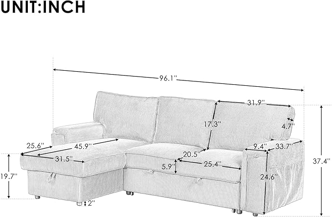 96.1 Inch L-Shaped Convertible Sectional Sleeper Sofa with Pull Out Bed, Storage Bags and 2 Hidden Cup Holders on Arms, Upholstered Corner Couch for Living Room Office Apartment, Beige
