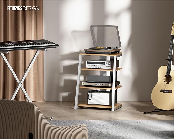 FITUEYES Design 4-Tier AV Media Stand Corner Shelf Stand Wooden Corner Shelves Component Cabinet Stereo Rack Audio Tower with Height Adjustable Wooden Shelves for ps4 (White Oak)