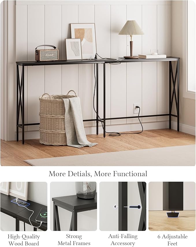 Masupu 70.9" Console Table with Power Outlet, Modern Narrow Long Sofa Table Behind Couch, Skinny Entry Table, Industrial Sofa Table with Metal Frame for Hallway, Living Room, Classic Black