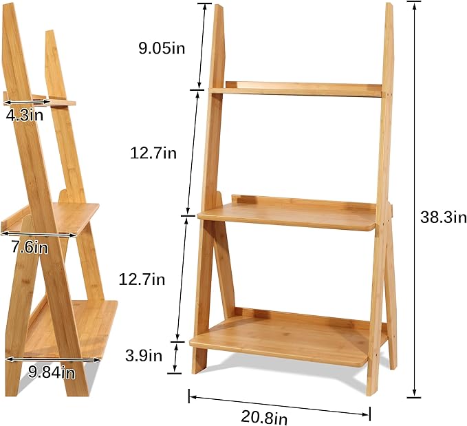 DOUSY-3-Tier Ladder Shelf, Bamboo Ladder Bookshelf Leaning Bookcase Trapezoid Bookshelf Storage Rack Shelf for Living Room, Kitchen, Bathroom, Home Office, Natural Color