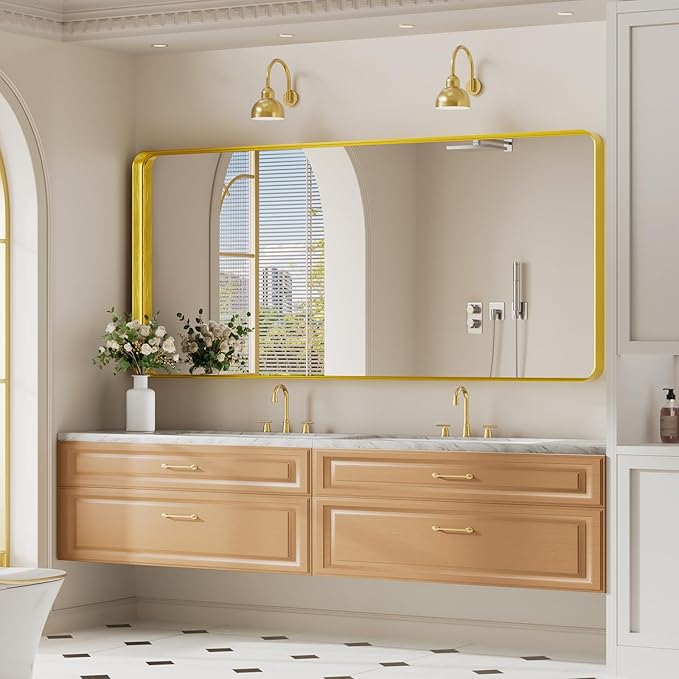 Koonmi Gold Bathroom Mirror for Wall, 30x71 Inch Matte Metal Deep Framed Rounded Corner Wall Mirror, Shatterproof Tempered Glass for Farmhouse Bedroom Entryway, Vertically or Horizontally