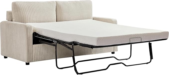 Reversible Sleeper Sofa Bed with Comfortable Memory Foam Mattress, Convertible Corduroy Full Size Pull Out Couch for Living Room, Space Saving Furniture, 70" Wide, Rectangular Arms, Ivory