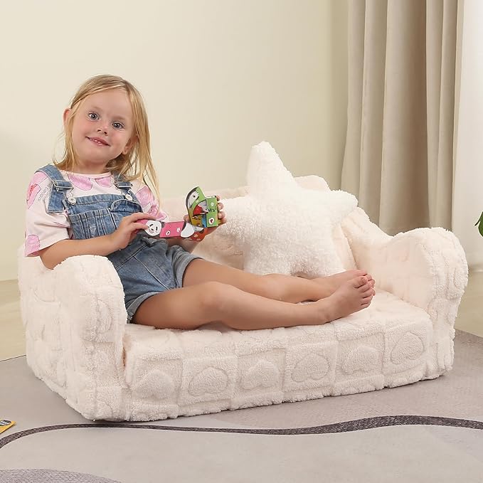 Extra Wider Seating Toddler Couch, 2-in-1 Toddler Soft Couch Fold Out with Star Pillow, Convertible Sofa to Lounger for Girls and Boys, Cream Heart