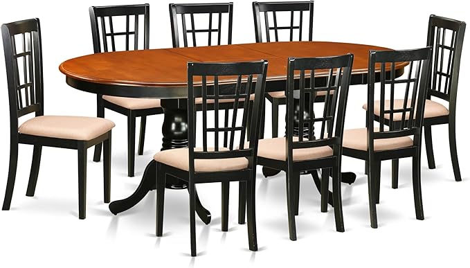 East West Furniture PLNI9-BCH-C 9 Piece Modern Dining Table Set Includes an Oval Wooden Table with Butterfly Leaf and 8 Linen Fabric Kitchen Dining Chairs, 42x78 Inch, Black & Cherry