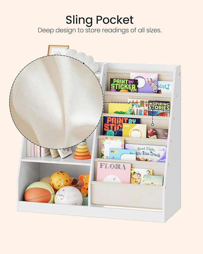35.4" Kids Bookshelf and Toy Storage, 6 Layer Fabric Toddler Bookshelf, Kids Toy Storage Organizer, Sling Kids Bookcase, for Playroom, Bedroom, Nursery, Classroom, White MCW05WT