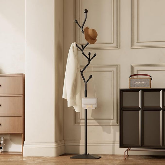 Tree-shaped coat rack stand,Metal coat tree with 8 Hooks and sturdy cast iron base,Heavy Duty coat rack freestanding coat hanger stand for Clothes Hats Scarfs Purses (black)