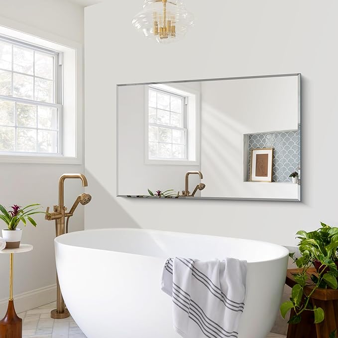 Beveled Bathroom Mirror, 30x48 Inch Large Frameless Mirrors for Wall, Upgraded Shatterproof Beveled Frameless Vanity Mirror for Bathroom,Bedroom,Living Room and Entryway