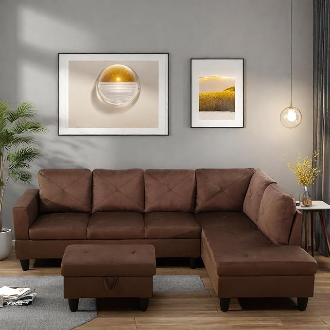 L Shaped Sectional Couches, Modern Modular Sectional Sofa Furniture for Living Room Bedroom, Comfy 4 Seat Couch with Ottoman Storage & Chaise, Brown