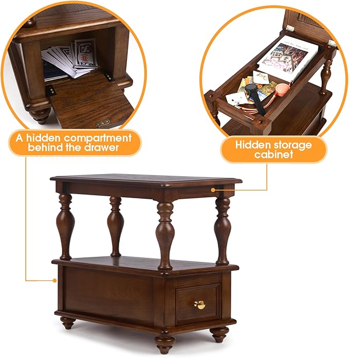 Narrow End Table with 1 Drawer and 2 Hidden Compartments for Living Room, 2-Tier Skinny Couch Side Table with Storage Shelves for Small Spaces, Solid Wood Slim Nightstand for Bedroom, Walnut