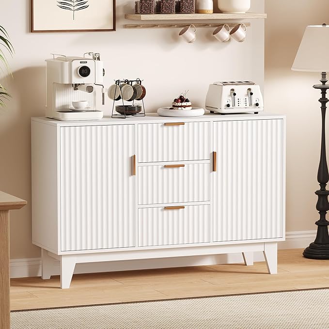 Garvee 47.2" Fluted Buffet Cabinets with Storage, Sideboard Storage Cabinet with 3 Drawers and 2 Doors, Modern Mid Century TV Stand Coffee Bar Furniture for Living Room, Kitchen, Entryway- White