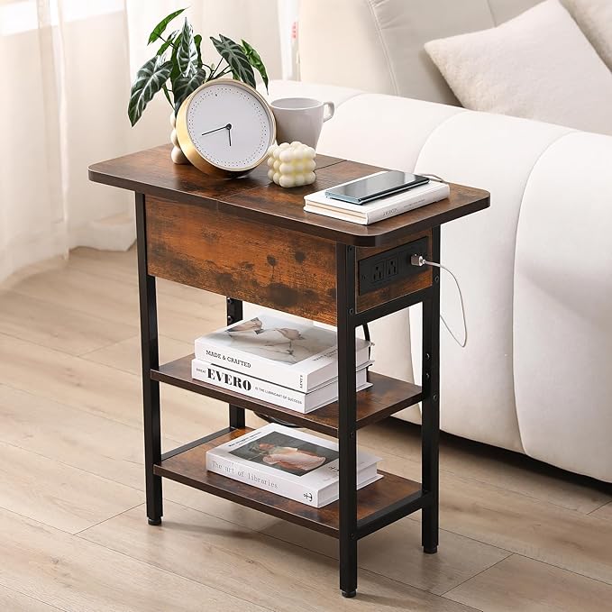 Modern End Table with Charging Station, Narrow Side Table with USB Ports & Outlets, Flip-Top Nightstand with Storage Shelf, Small Bedside Table for Living Room, Bedroom, Small Space,Rustic Brown