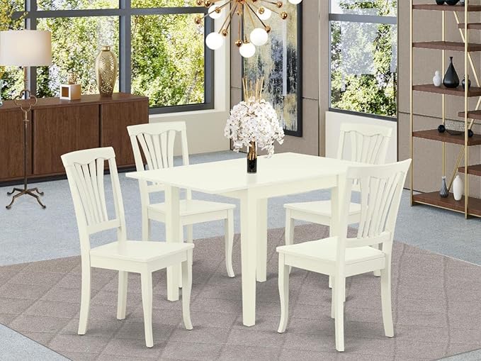 East West Furniture NDAV5-LWH-W 5 Piece Dining Room Table Set Includes a Rectangle Dining Table with Dropleaf and 4 Wood Seat Chairs, 30x48 Inch, Linen White