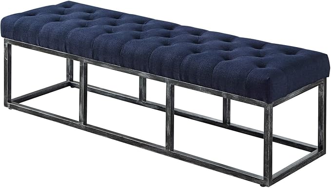 24KF Upholstered Tufted Long Bench Seats with Metal Frame Leg, Linen Bench Ottoman with Padded Seat-Navy Blue
