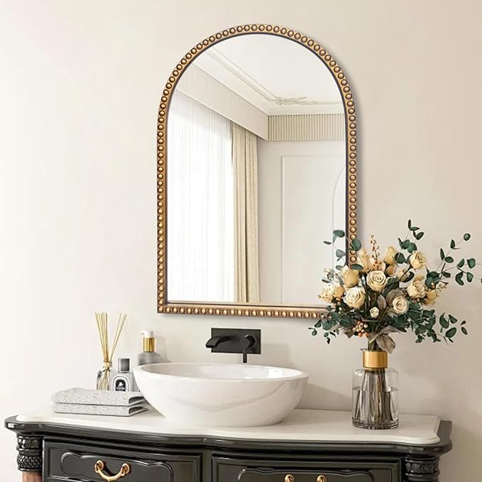 Traditional Arch Mirror for Bathroom, 20" x30" Baroque Antique Gold Marlowe Mirrors Beaded Frame, Decorative Accent Vertical Vanity, Wall Decor Over Mantel Fireplace, Sofa, Entryway