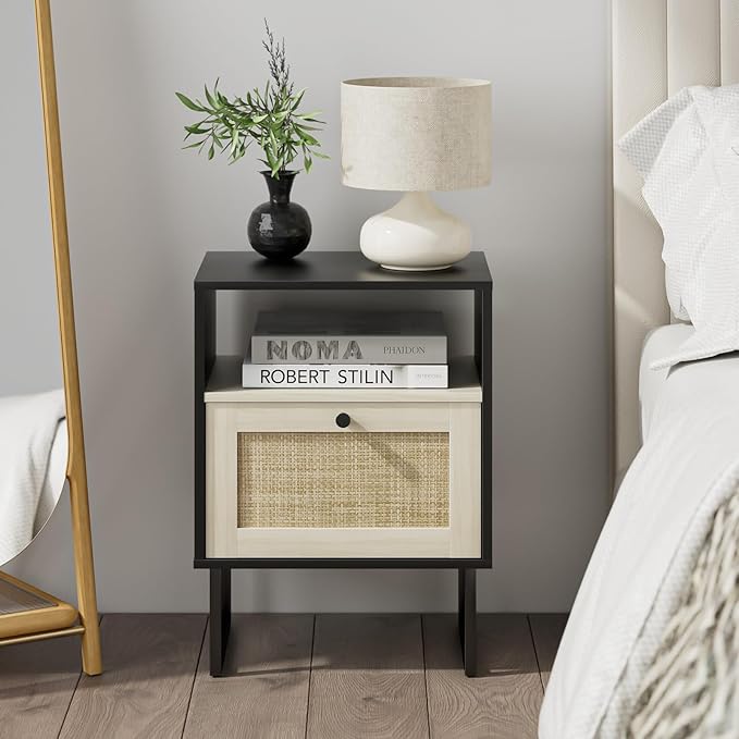 Masupu Boho Night Stand, Small Rattan Side Table, Wood Nightstand with Drawer and White Oak Shelf, Bedside Table, End Table for Bedroom,Living Room,Office (Black Frame)