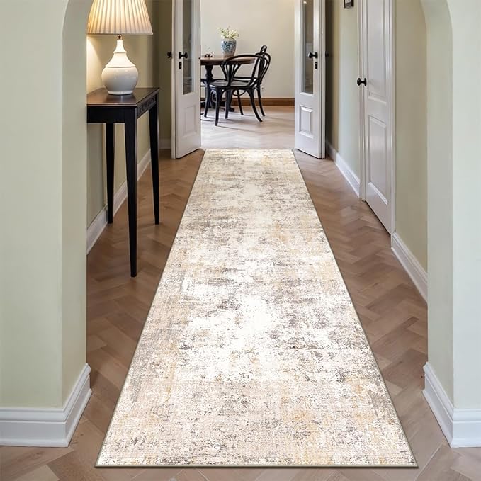 2x10 Washable Runner Rug Beige Grey Neutral Abstract Hallway Kitchen Living Room Bedroom Non Slip Throw Rug Soft Low Pile Indoor Carpet for Entrance Laundry Bathroom