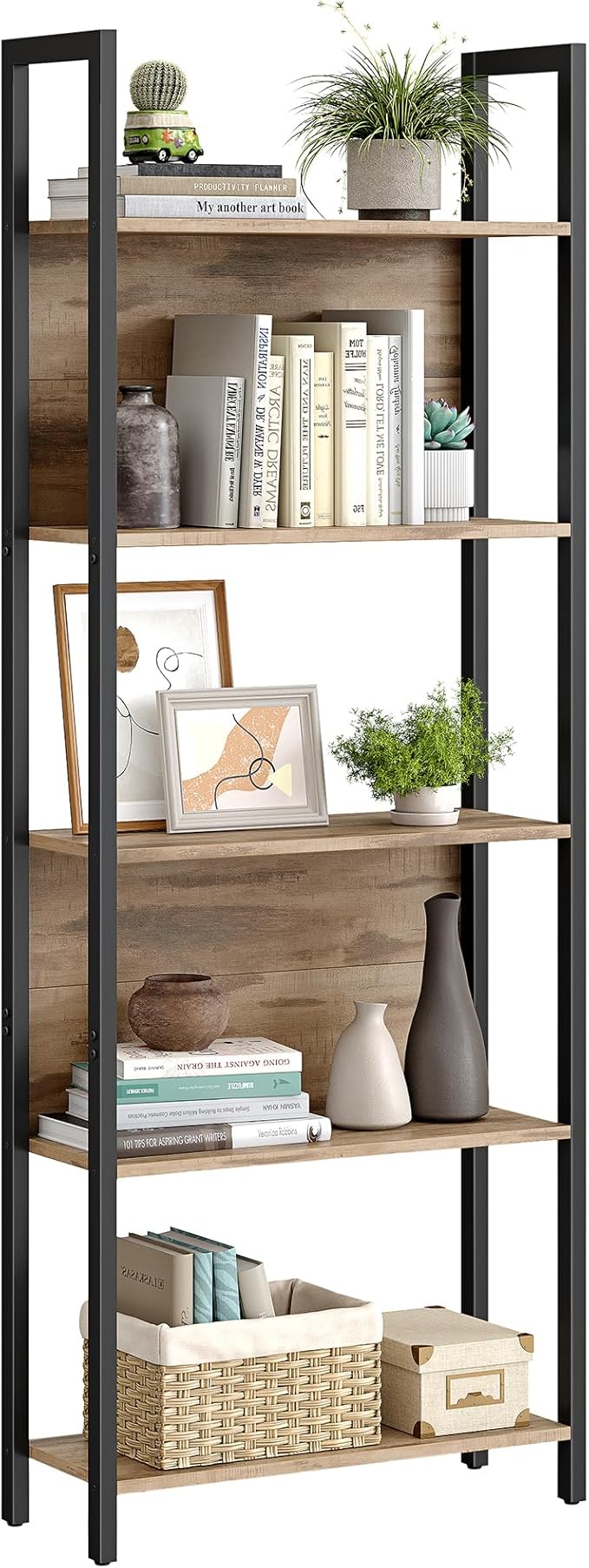 VASAGLE 5-Tier Bookshelf, Book Shelf, Industrial Bookcase, with Steel Frame, for Living Room, Home Office, Bedroom, 9.4 x 24.4 x 65 Inches, Camel Brown and Black ULLS025B50