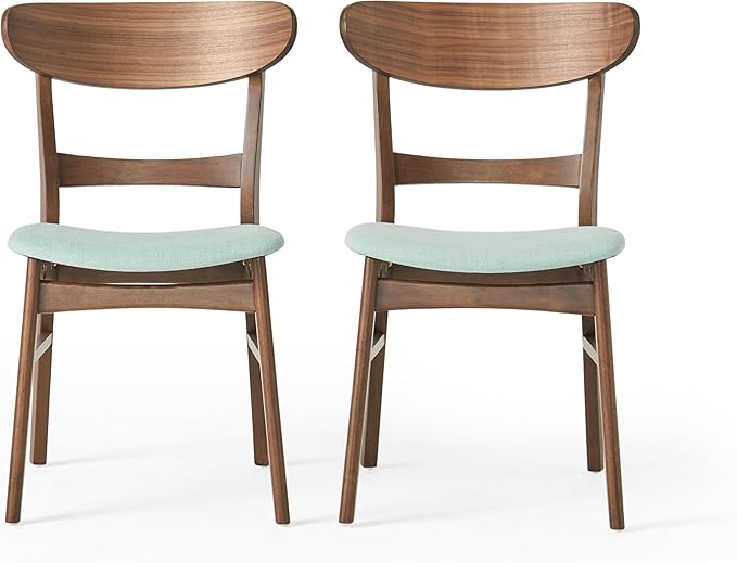 Set of 2 Solid Wood Dining Chairs, Fabric Upholstered Seat Mid-Century Modern Kitchen Furniture for Living Room, Mint+Walnut