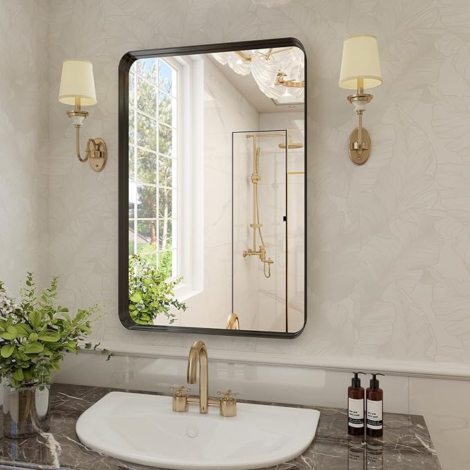 Bathroom Mirror 20x30 inch, Black Gorgeous Deep Frame Wall Mirror, Modern Round Corner Bathroom Vanity Mirror for Bedroom, Living Room, Hanging or Leaning Horizontal or Vertical, Black